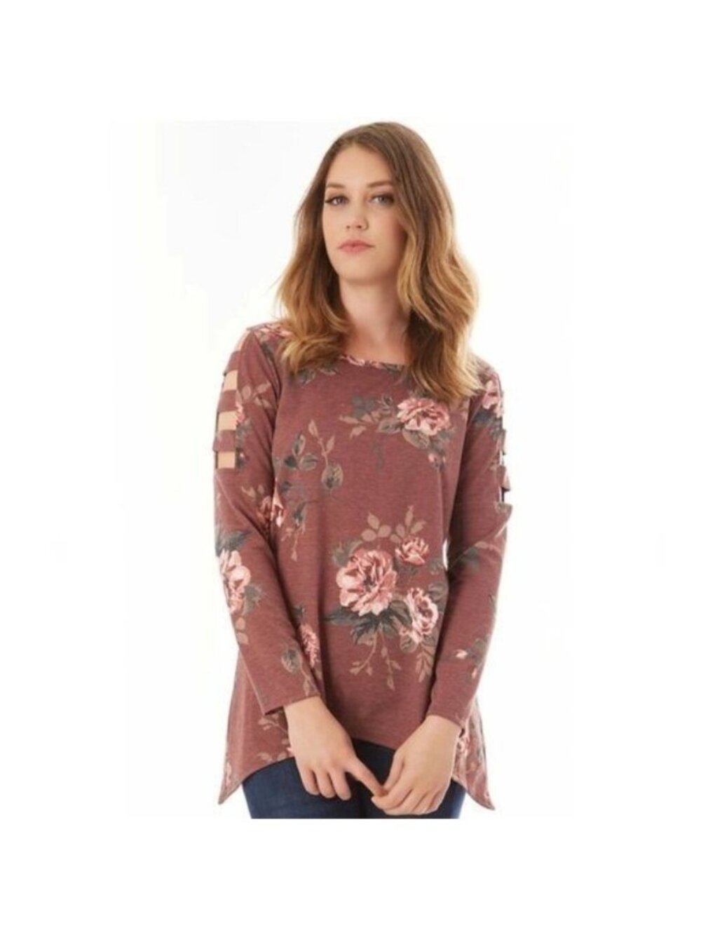 Apt. 9 Mauve Floral Cage Long Sleeve Tee Shark Bite Blouse Top Women's Size XXL